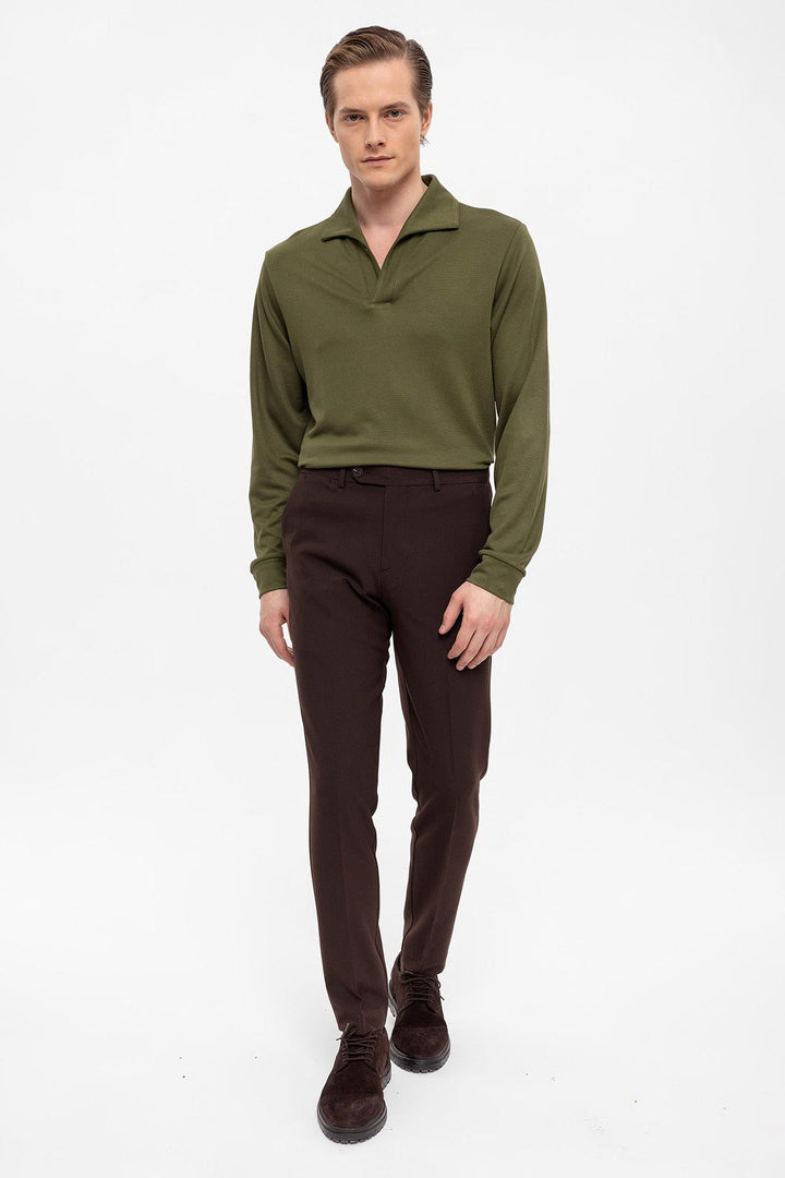 Men's Green Camp Collar Regular Fit Long Sleeve Sweater - Wessi