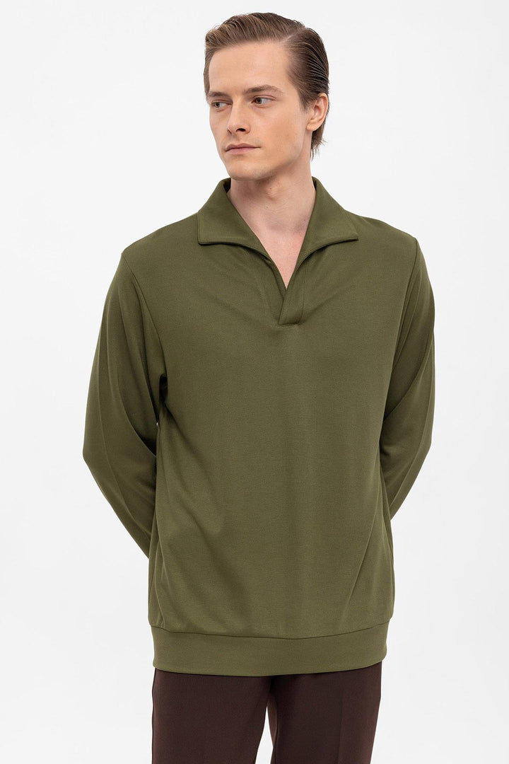 Men's Green Camp Collar Regular Fit Long Sleeve Sweater - Wessi