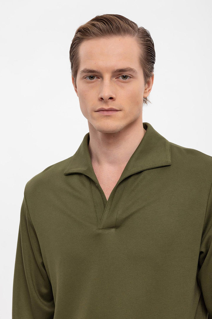 Men's Green Camp Collar Regular Fit Long Sleeve Sweater - Wessi