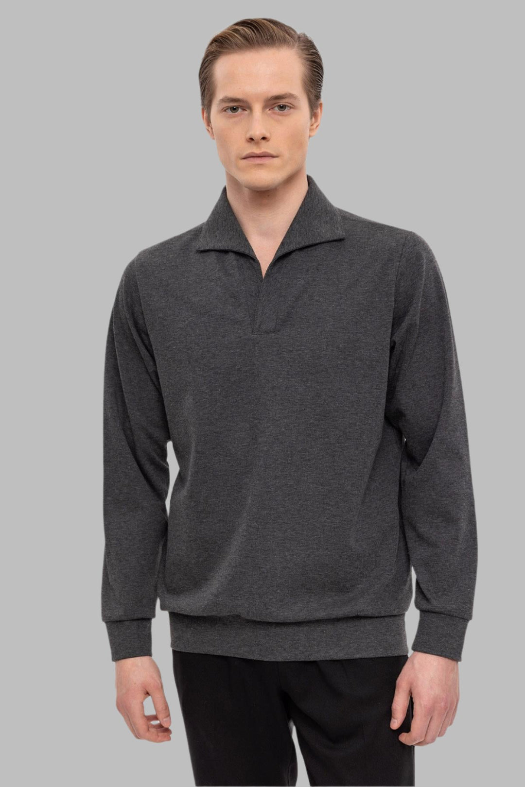 Men's Anthracite Camp Collar Regular Fit Long Sleeve Sweater - Wessi