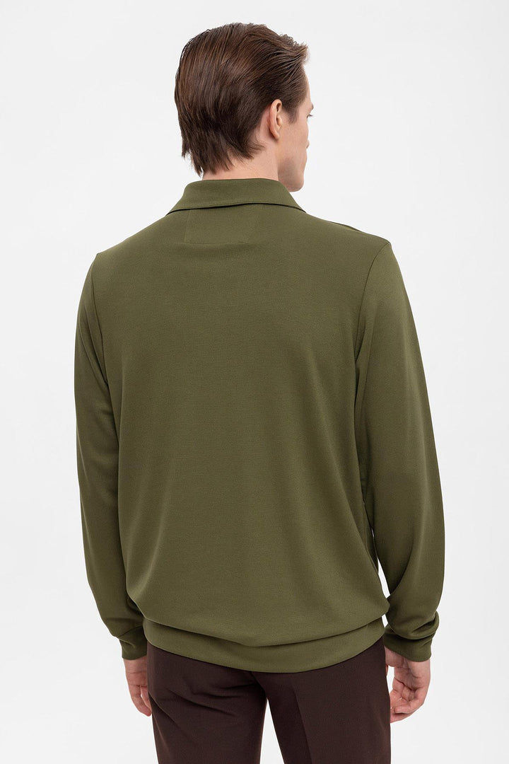 Men's Green Camp Collar Regular Fit Long Sleeve Sweater - Wessi