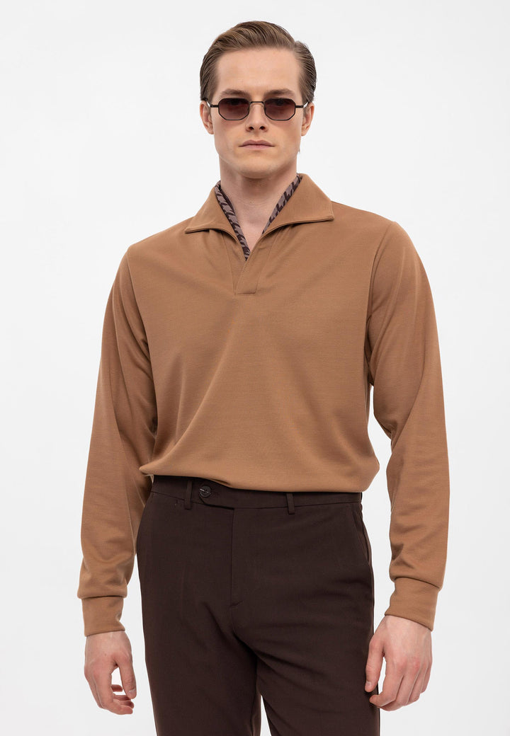 Men's Tan Camp Collar Regular Fit Long Sleeve Sweater - Wessi