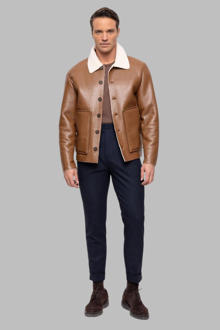 Men's Camel Lining Detailed Faux Leather  Coat - Wessi