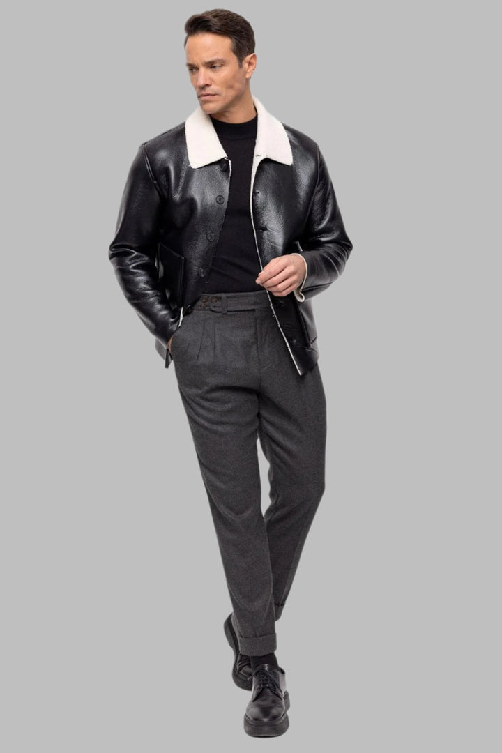 Men's Black/Ecru Lining Detailed Faux Leather  Coat - Wessi