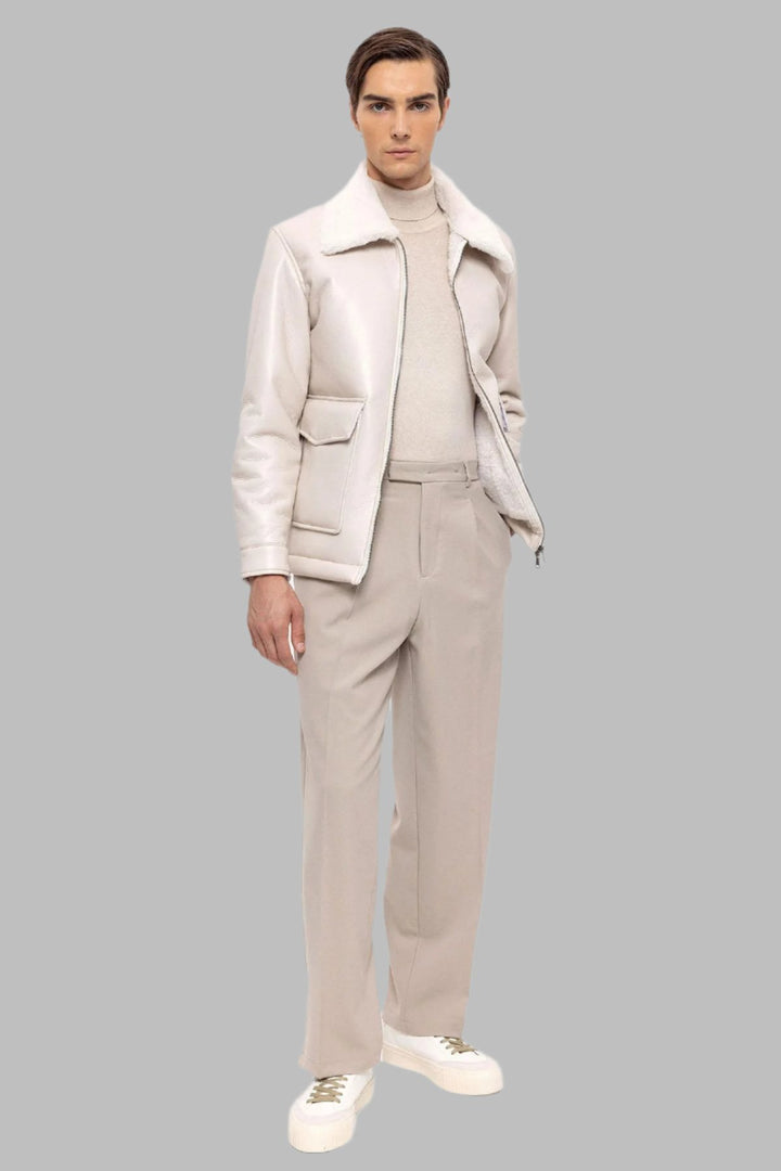 Men's Ecru Lining Detailed Faux Leather Coat - Wessi