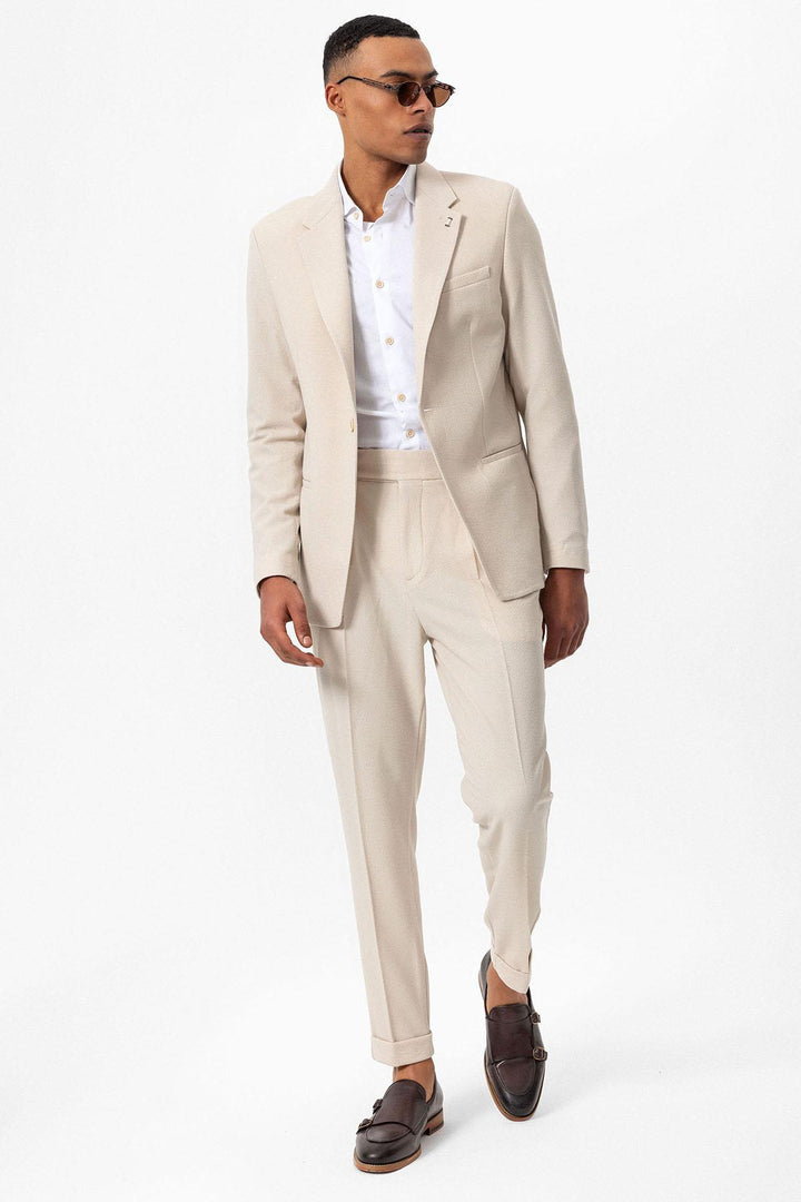 Men's Beige Plain Single-Button Blazer - Wessi