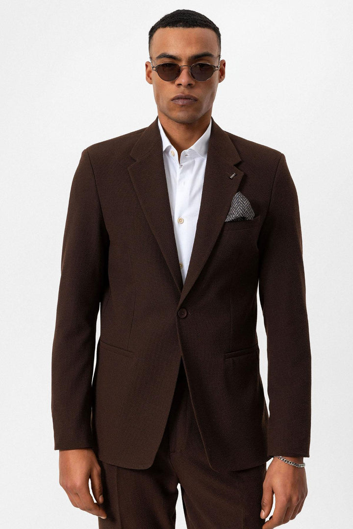 Men's Brown Plain Single-Button Blazer - Wessi