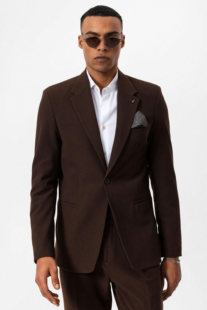 Men's Brown Plain Single-Button Blazer - Wessi