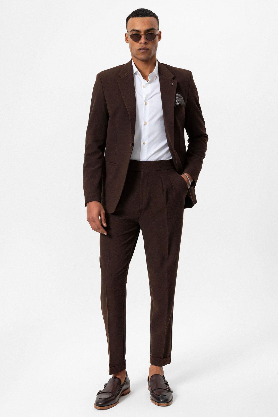 Men's Brown Plain Single-Button Blazer - Wessi
