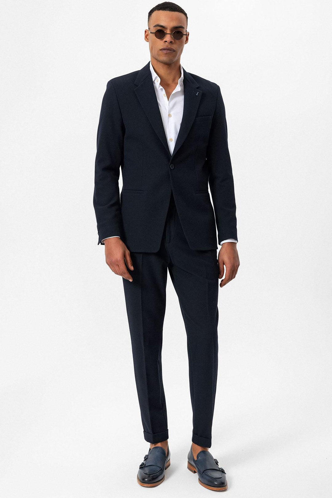 Men's Navy Blue Plain Single-Button Blazer - Wessi