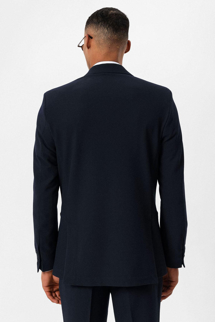 Men's Navy Blue Plain Single-Button Blazer - Wessi
