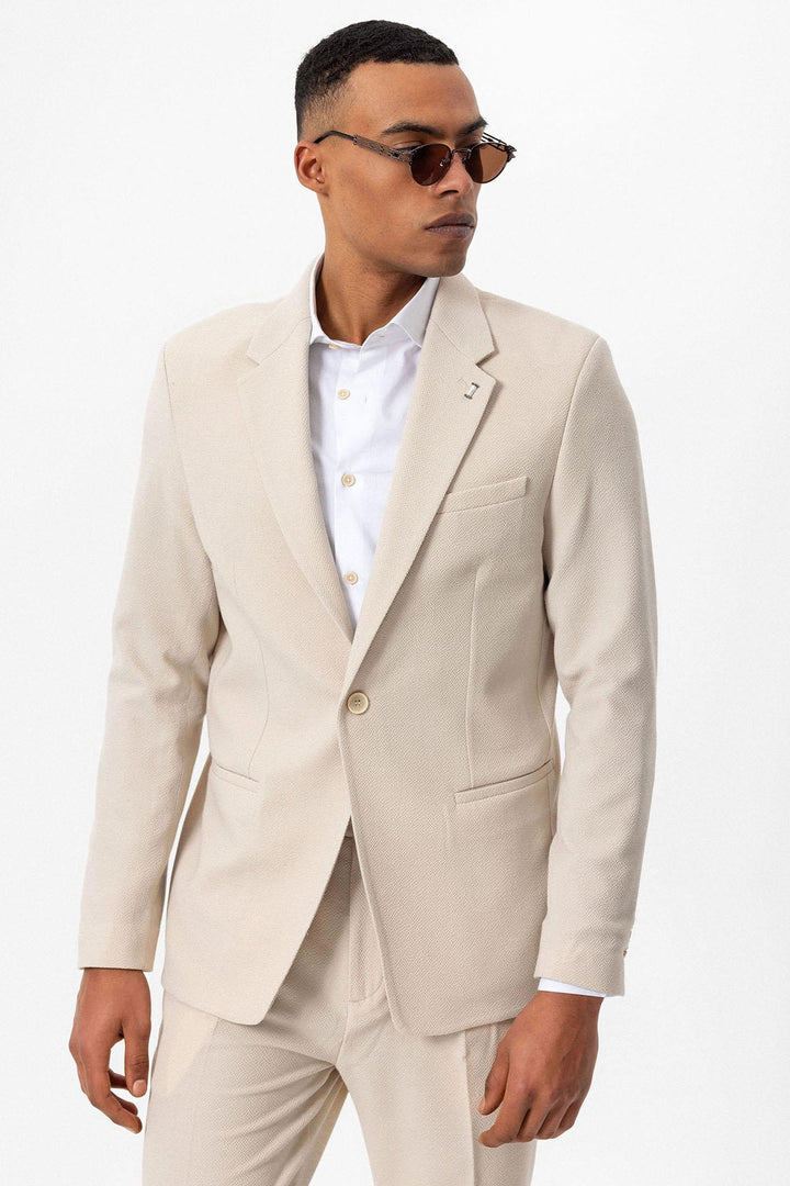 Men's Beige Plain Single-Button Blazer - Wessi