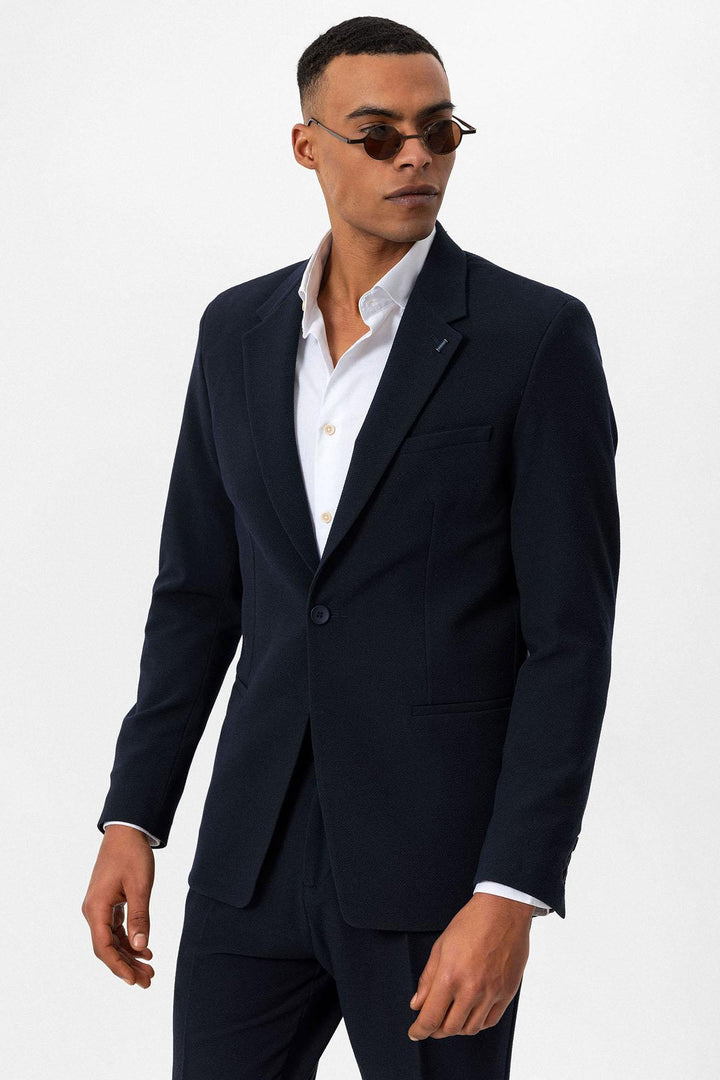 Men's Navy Blue Plain Single-Button Blazer - Wessi