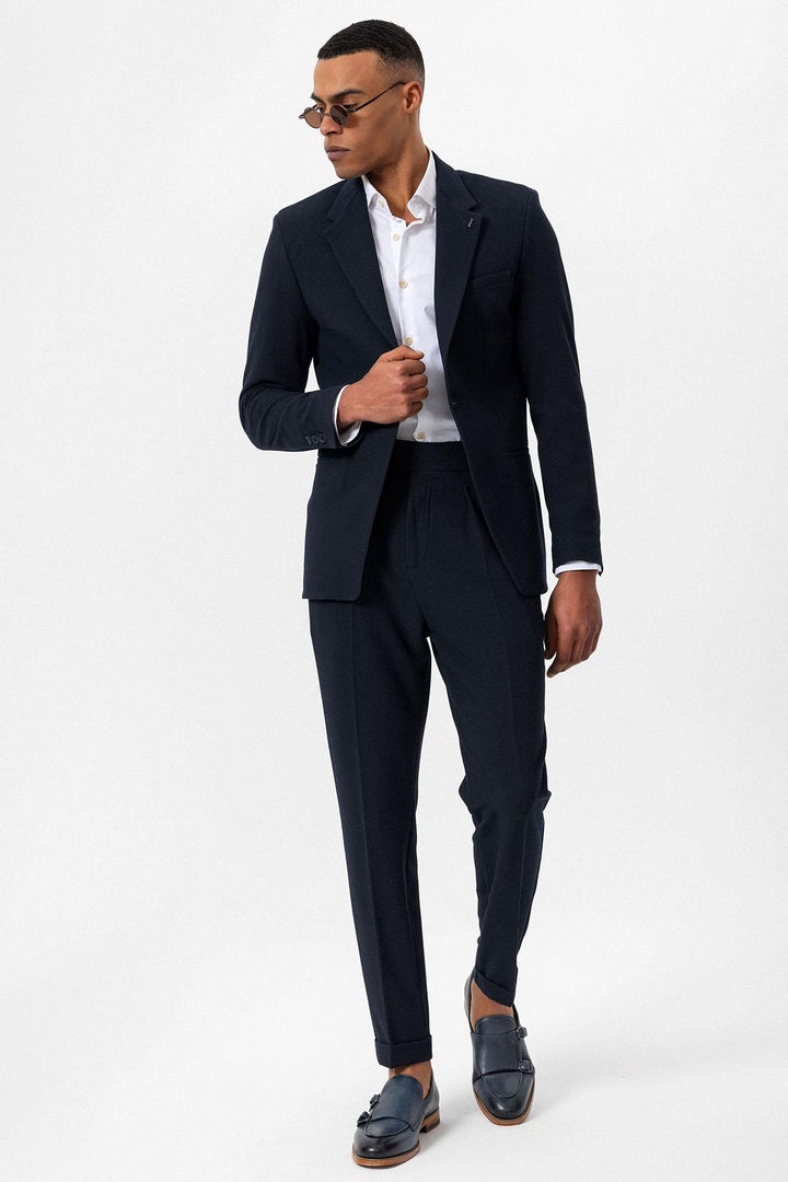 Men's Navy Blue Plain Single-Button Blazer - Wessi