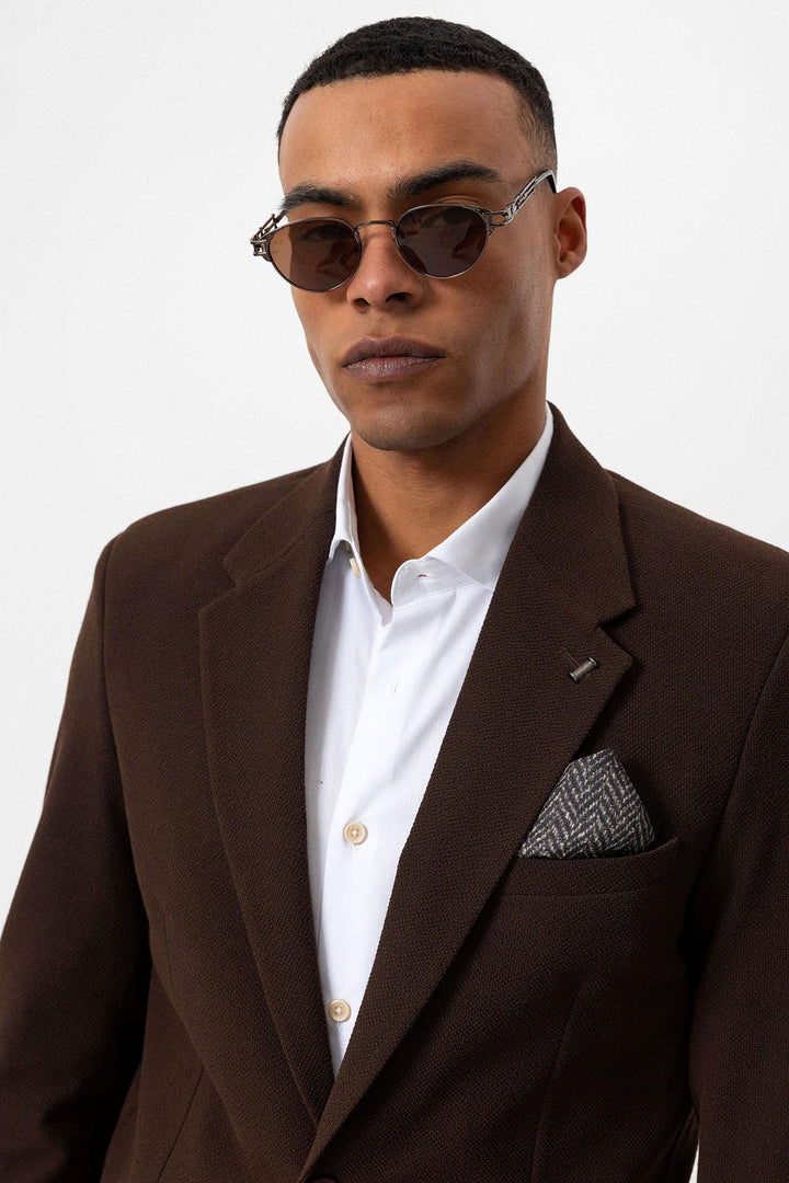 Men's Brown Plain Single-Button Blazer - Wessi