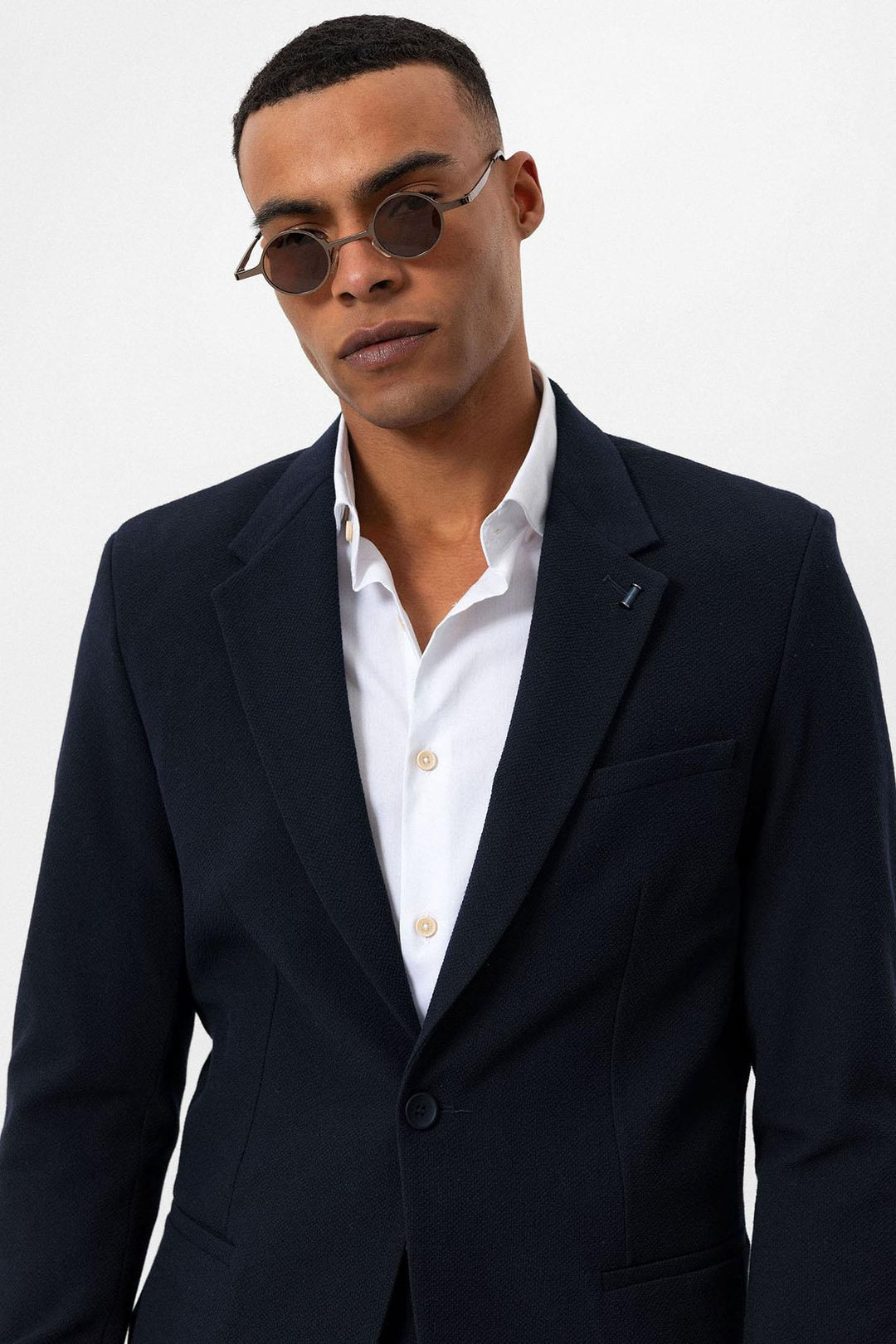 Men's Navy Blue Plain Single-Button Blazer - Wessi