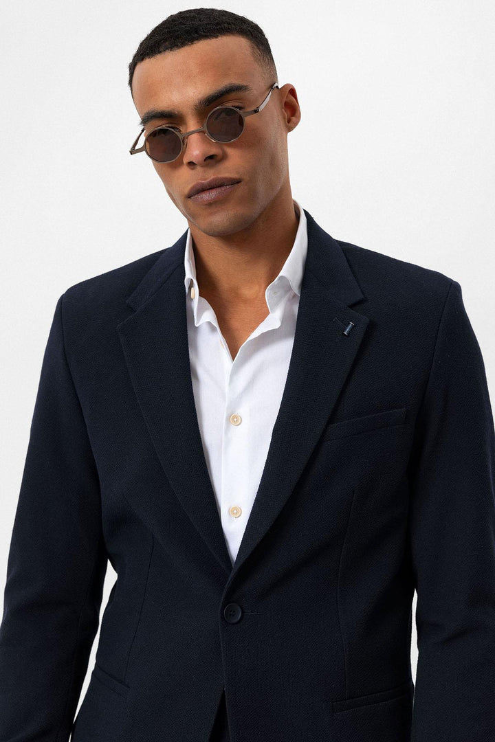 Men's Navy Blue Plain Single-Button Blazer - Wessi