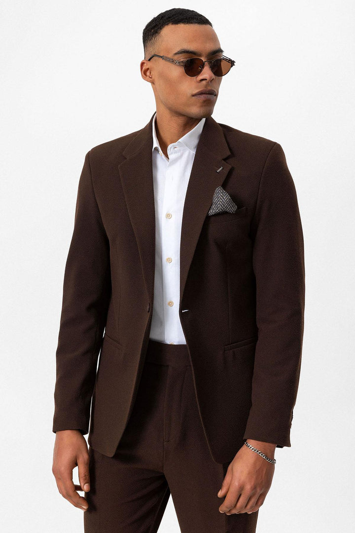 Men's Brown Plain Single-Button Blazer - Wessi