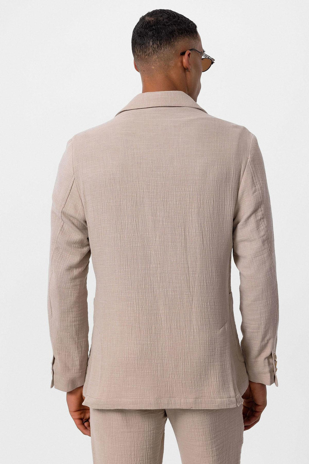 Men's  Beige Plain Pocketed Blazer Jacket - Wessi