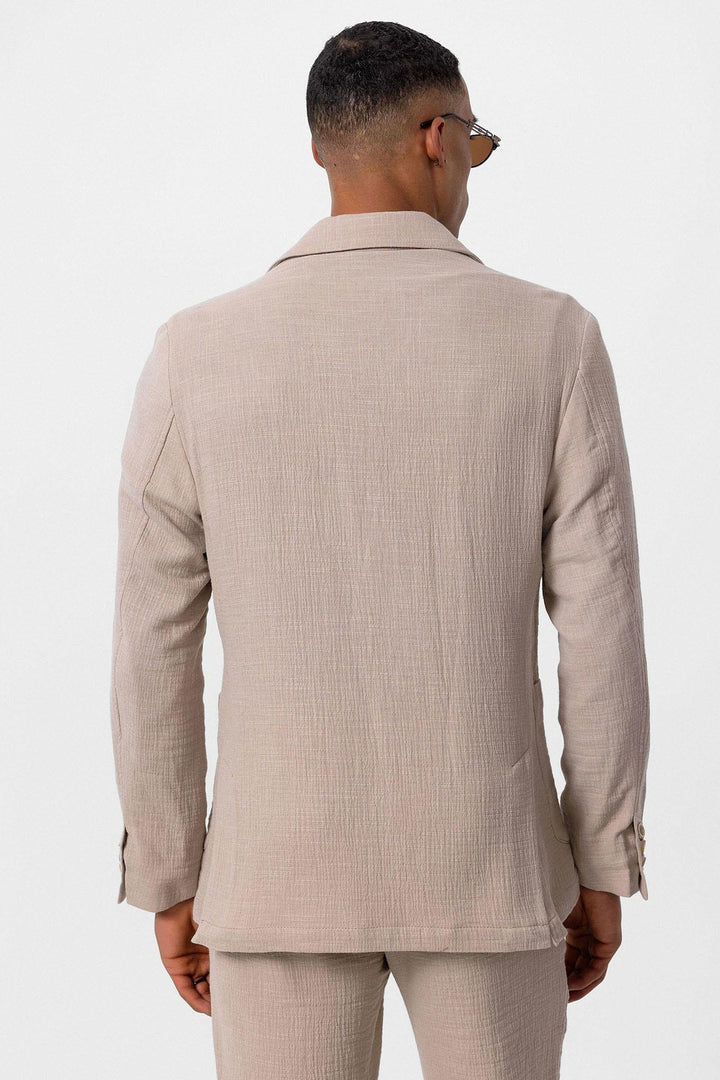 Men's  Beige Plain Pocketed Blazer Jacket - Wessi