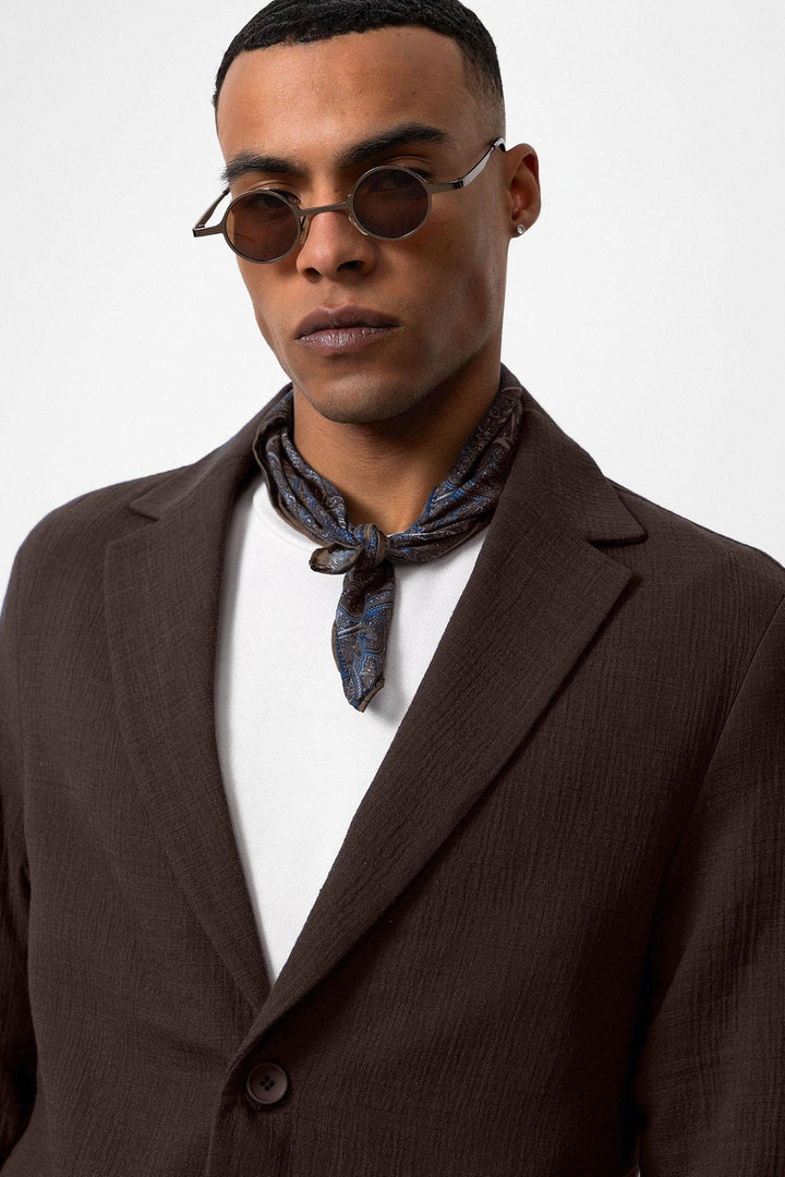 Men's Brown Plain Pocketed Blazer Jacket - Wessi