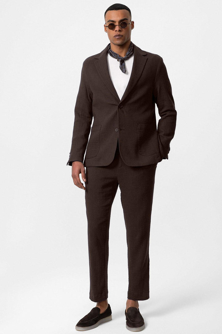 Men's Brown Plain Pocketed Blazer Jacket - Wessi