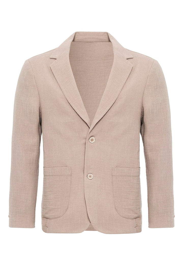 Men's  Beige Plain Pocketed Blazer Jacket - Wessi