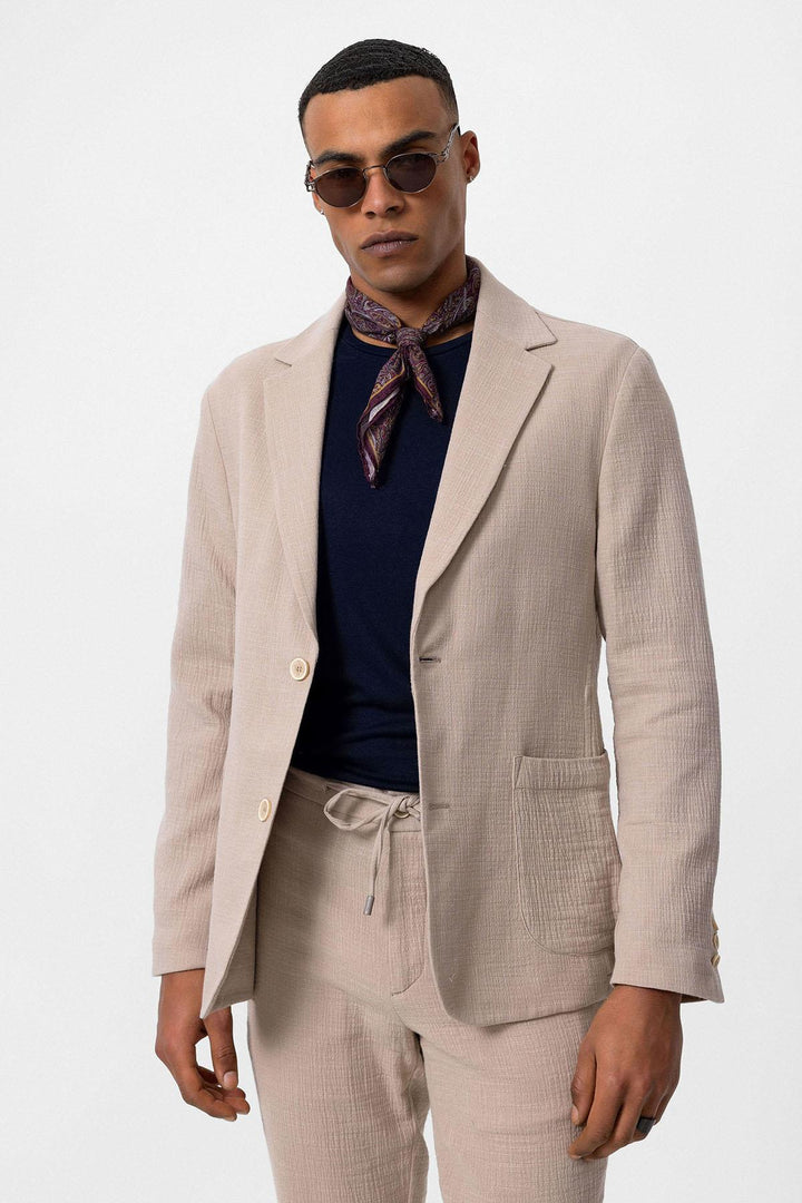 Men's  Beige Plain Pocketed Blazer Jacket - Wessi