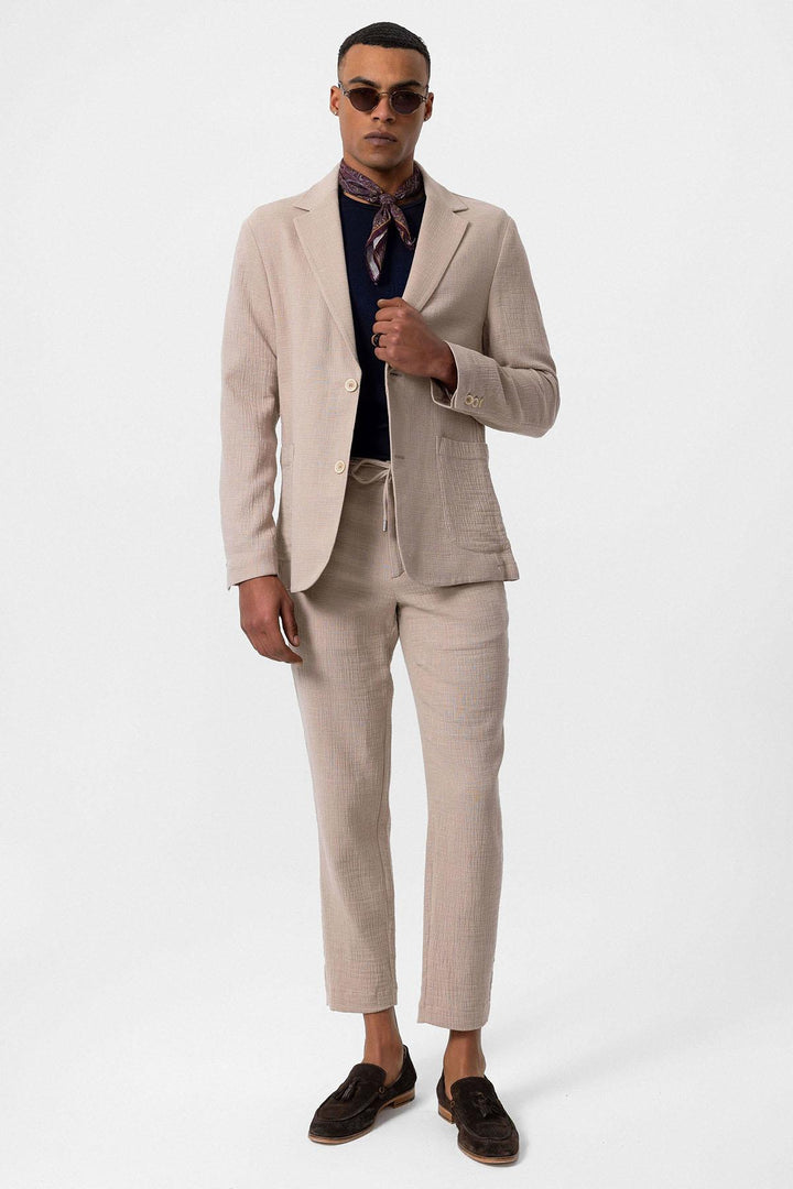 Men's  Beige Plain Pocketed Blazer Jacket - Wessi