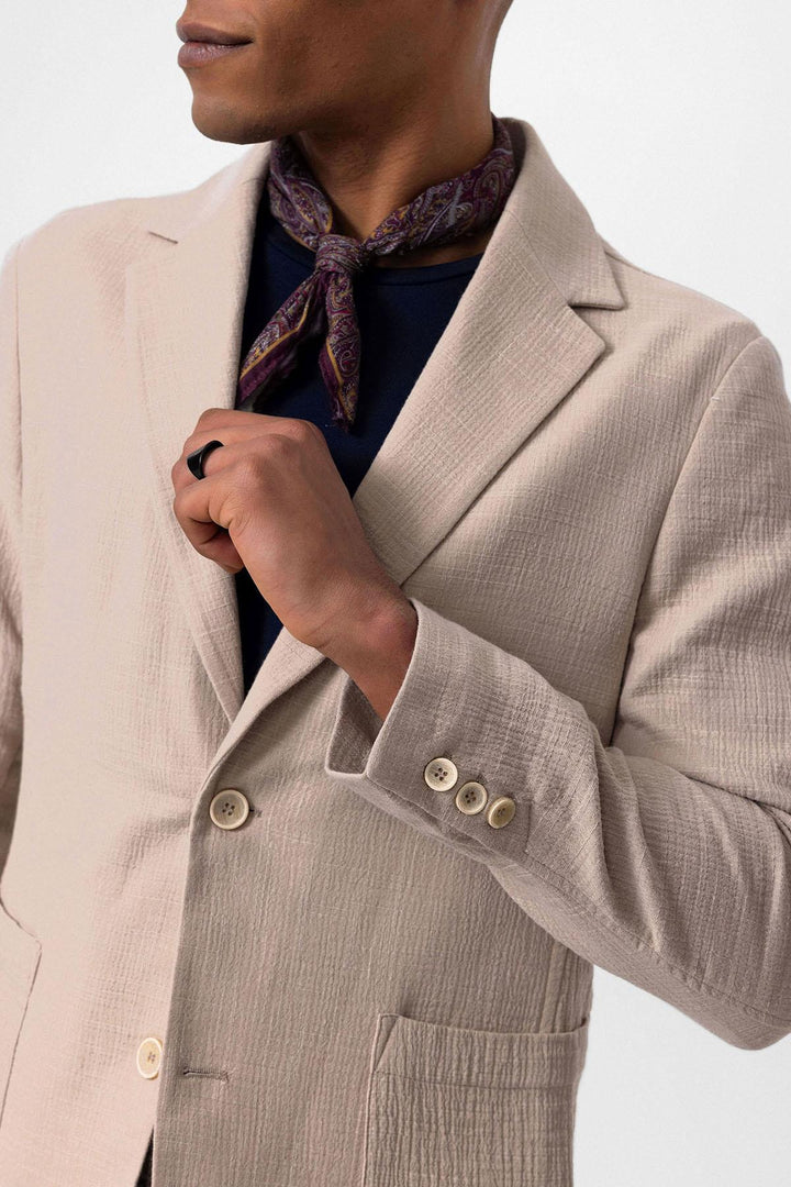 Men's  Beige Plain Pocketed Blazer Jacket - Wessi