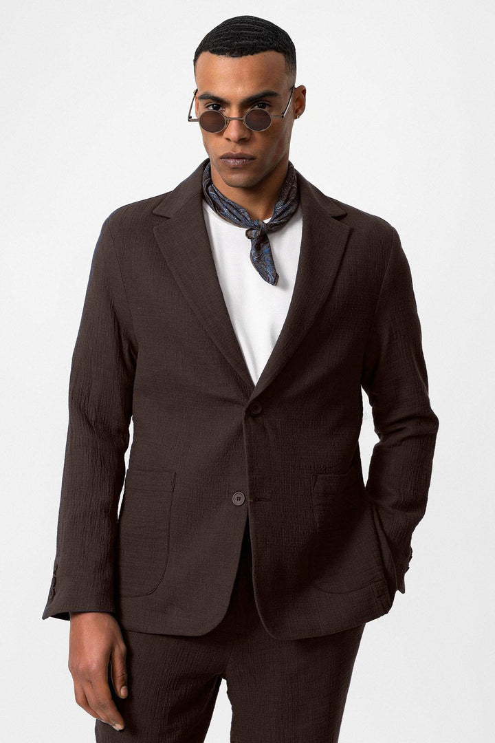 Men's Brown Plain Pocketed Blazer Jacket - Wessi