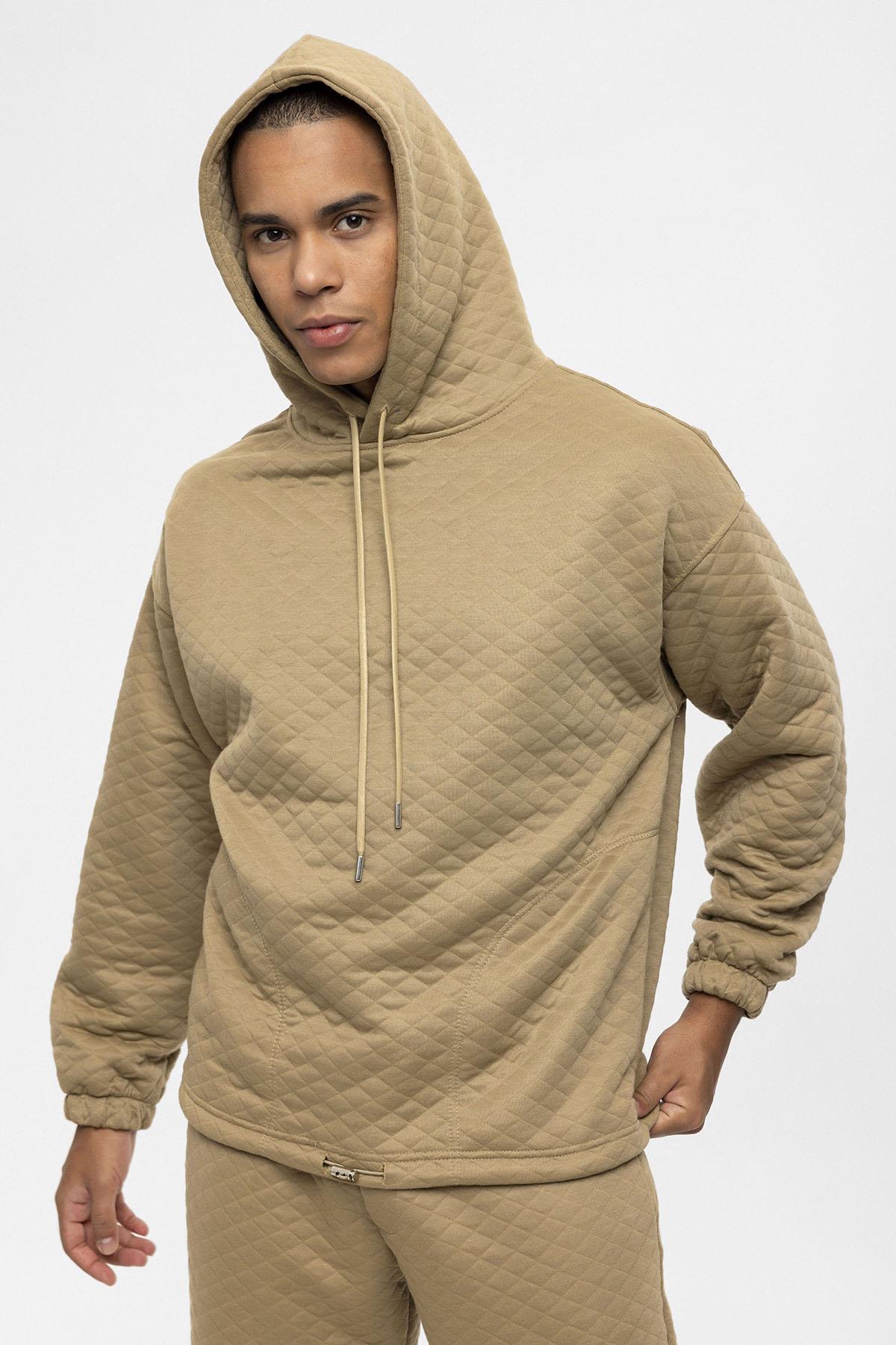 Men's Beige Diamond Patterned Oversize Tracksuit Set - Wessi