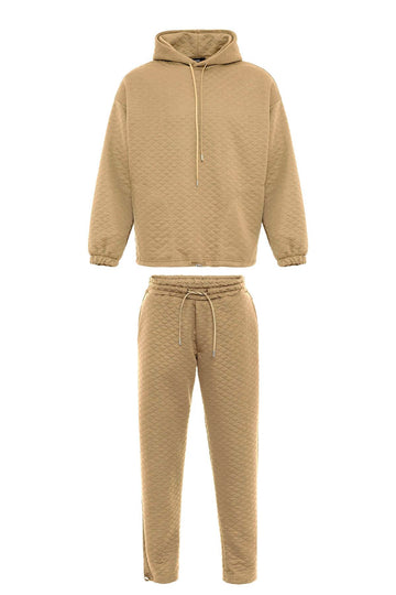 Men's Beige Diamond Patterned Oversize  Tracksuit Set - Wessi