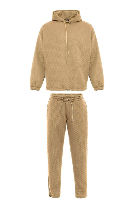 Men's Beige Diamond Patterned Oversize  Tracksuit Set - Wessi