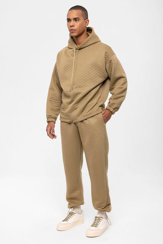 Men's Beige Diamond Patterned Oversize  Tracksuit Set - Wessi