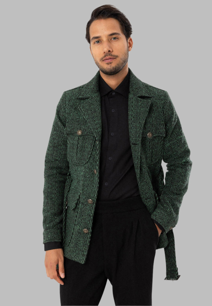 Men's Green Herringbone Patterned Belted  Coat - Wessi