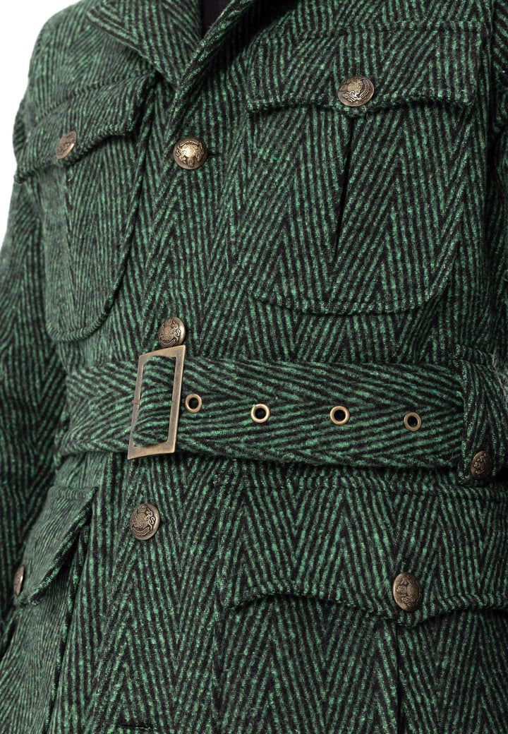 Men's Green Herringbone Patterned Belted  Coat - Wessi