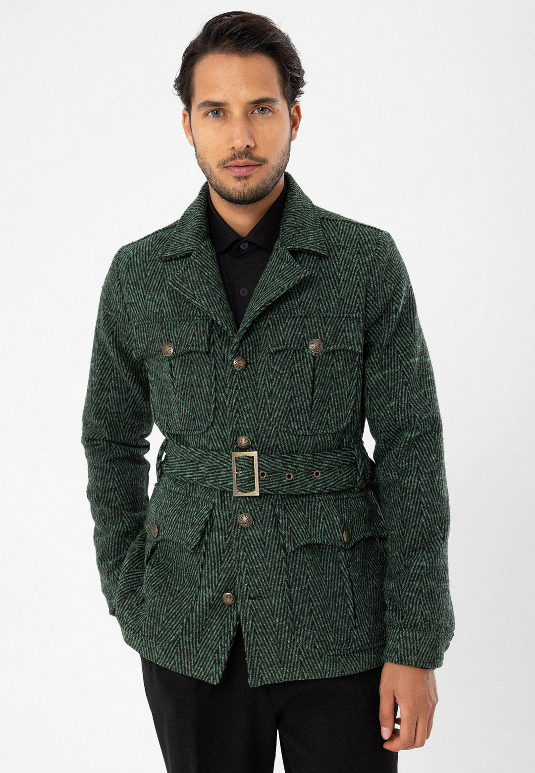Men's Green Herringbone Patterned Belted  Coat - Wessi