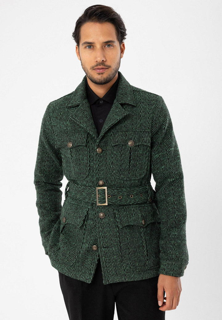 Men's Green Herringbone Patterned Belted  Coat - Wessi