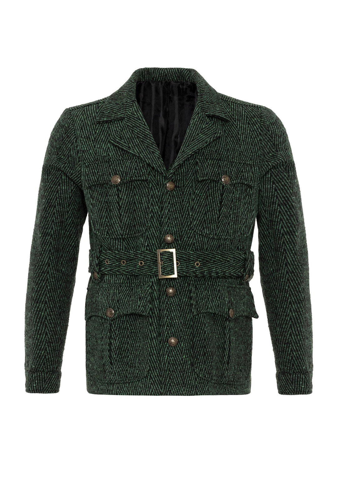 Men's Green Herringbone Patterned Belted  Coat - Wessi
