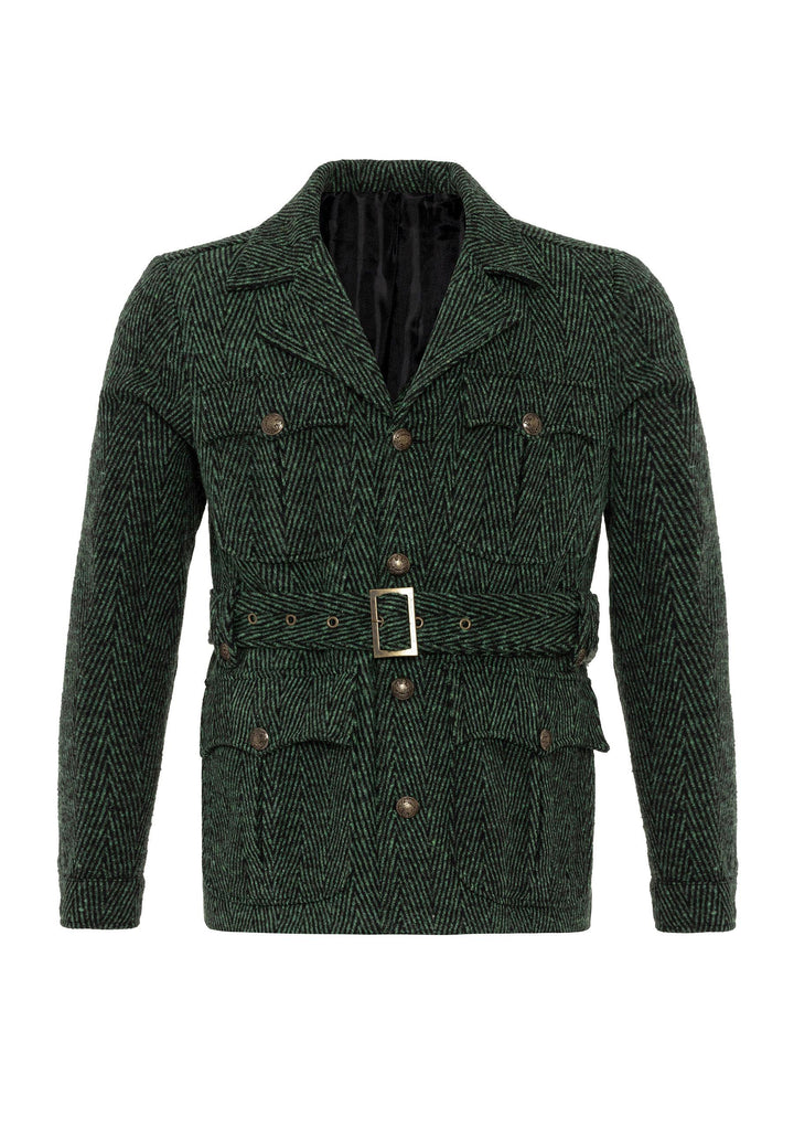 Men's Green Herringbone Patterned Belted  Coat - Wessi