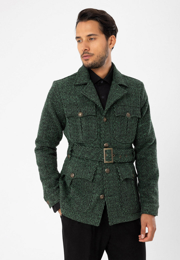 Men's Green Herringbone Patterned Belted  Coat - Wessi