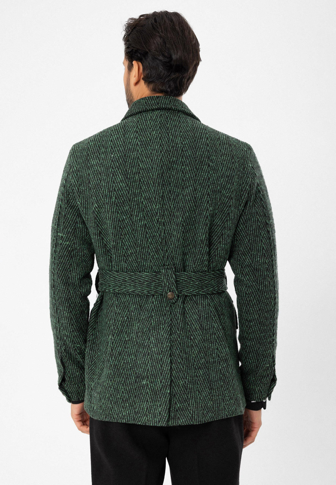 Men's Green Herringbone Patterned Belted  Coat - Wessi