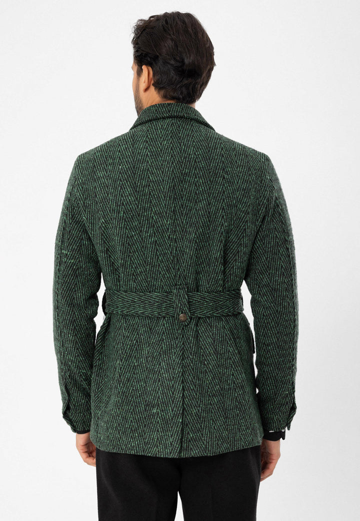 Men's Green Herringbone Patterned Belted  Coat - Wessi