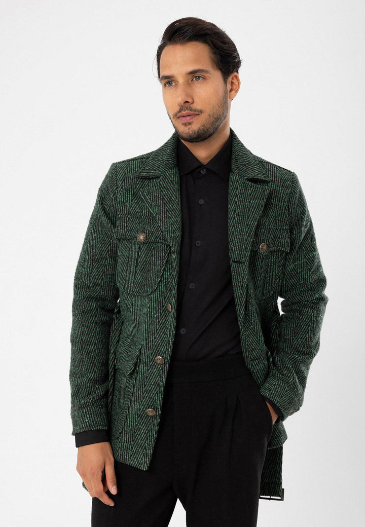 Men's Green Herringbone Patterned Belted  Coat - Wessi