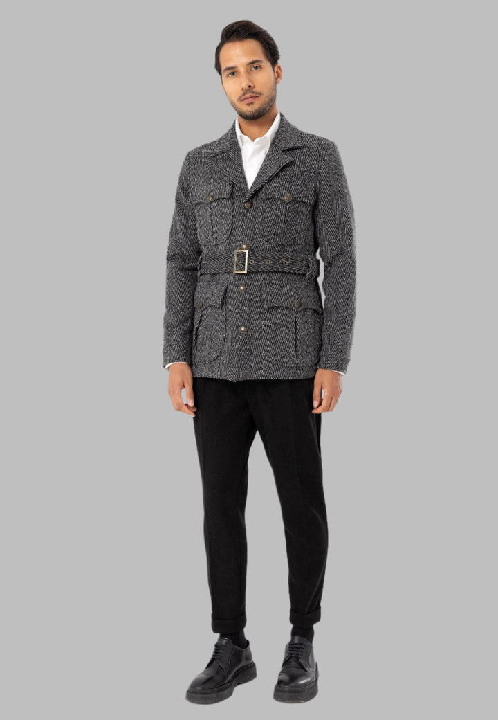 Men's Anthracite Herringbone Patterned Belted  Coat - Wessi