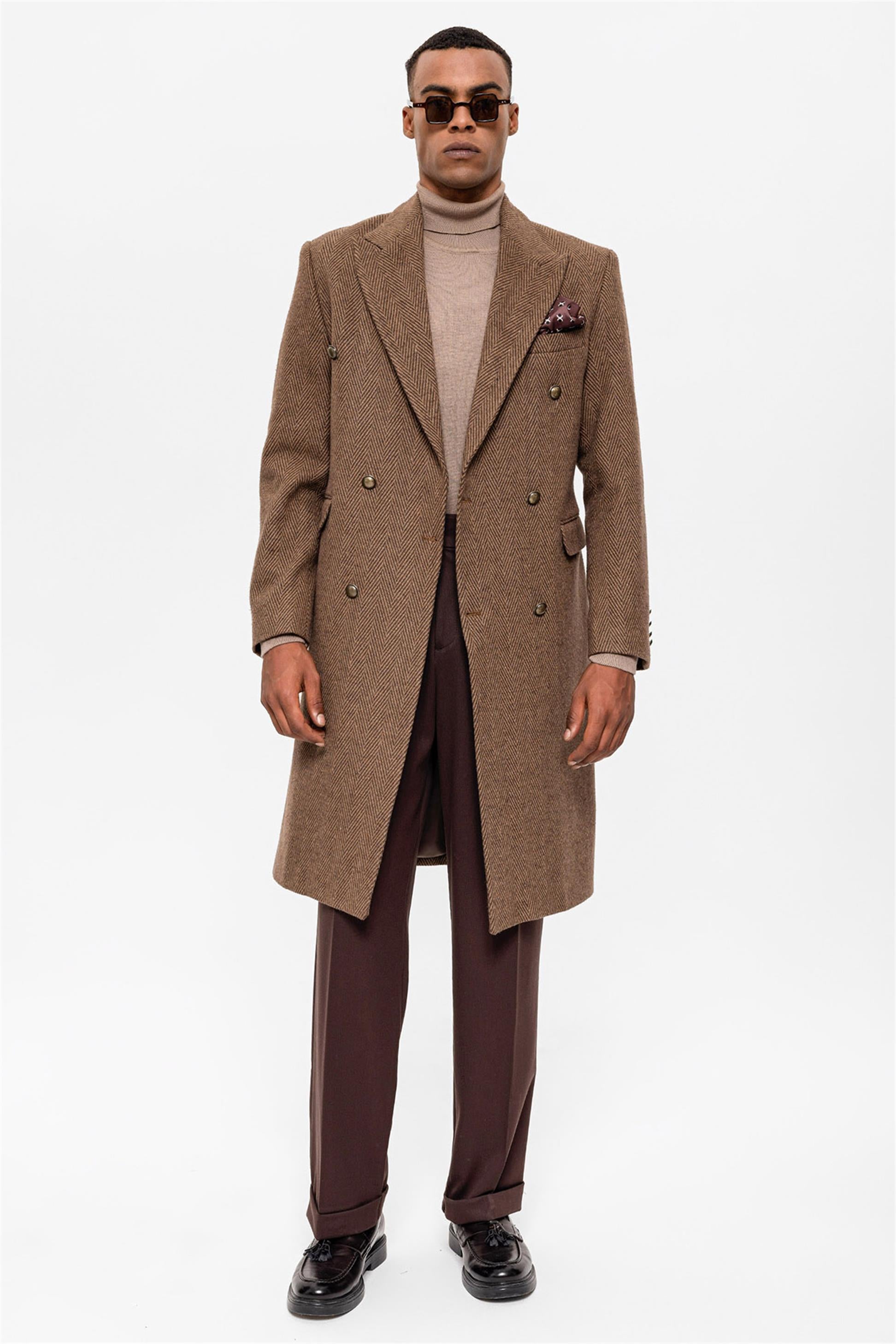 Herringbone Patterned Double Breasted Men's Coat - Wessi – Wessi