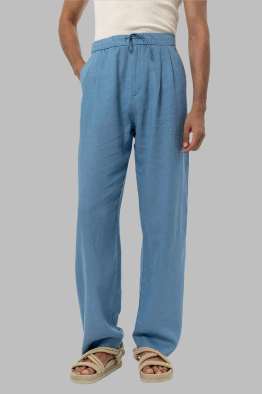 Men's Baby Blue Belted Linen Blend Pants - Wessi