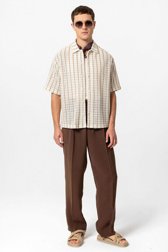 Chemise à manches courtes en tricot rayé beige pour homme - Wessi