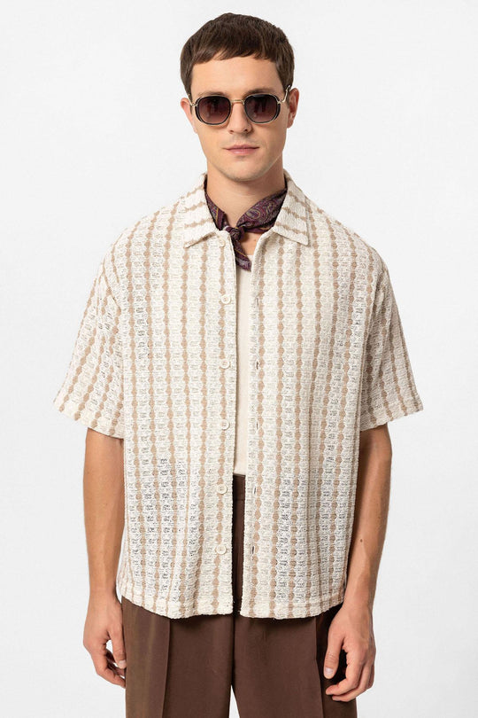 Chemise à manches courtes en tricot rayé beige pour homme - Wessi